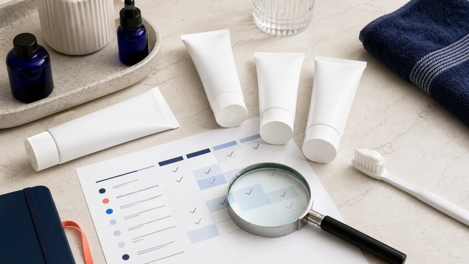 Unbranded toothpaste tubes, a toothbrush and a magnifying glass arranged around a formula comparison sheet