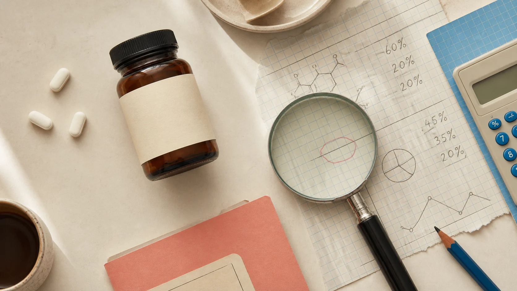 Unbranded supplement bottle, tablets, magnifying glass, calculator and handwritten percentage notes on a research desk