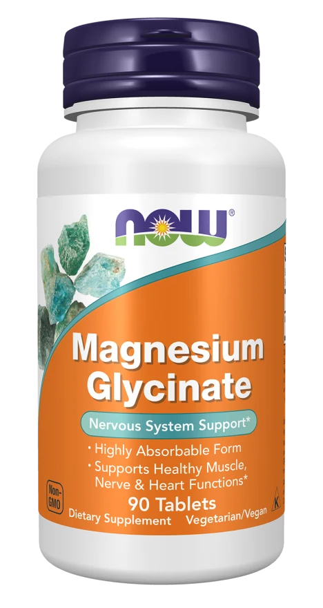 White bottle of NOW Magnesium Glycinate tablets with an orange label