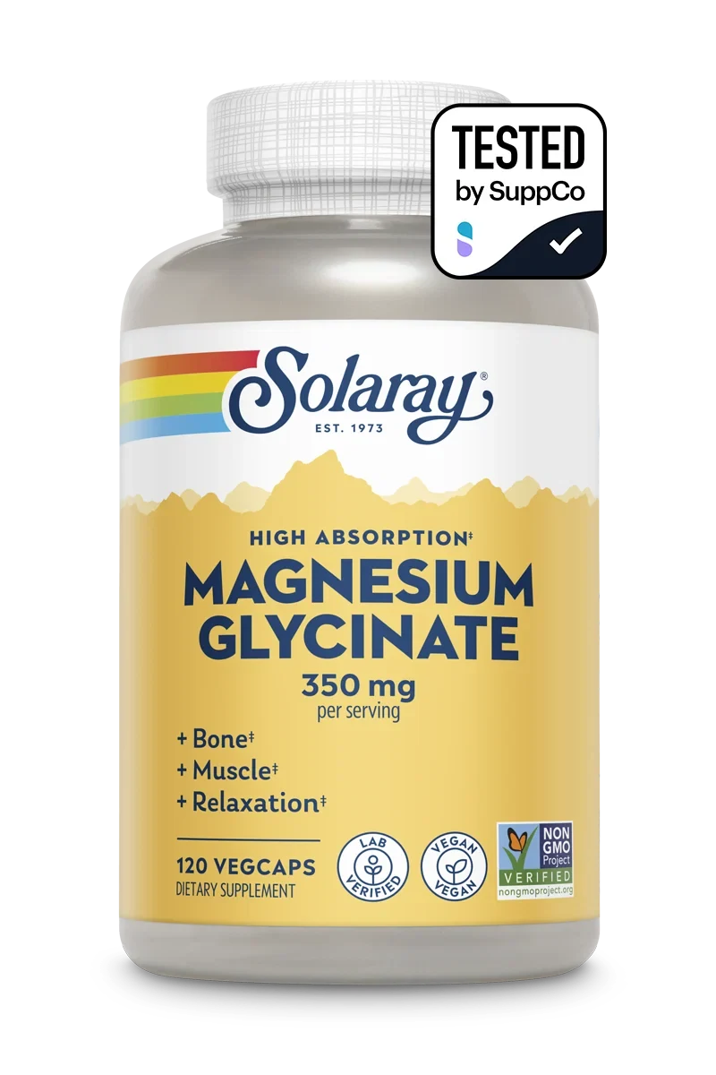 White and yellow bottle of Solaray Magnesium Glycinate capsules