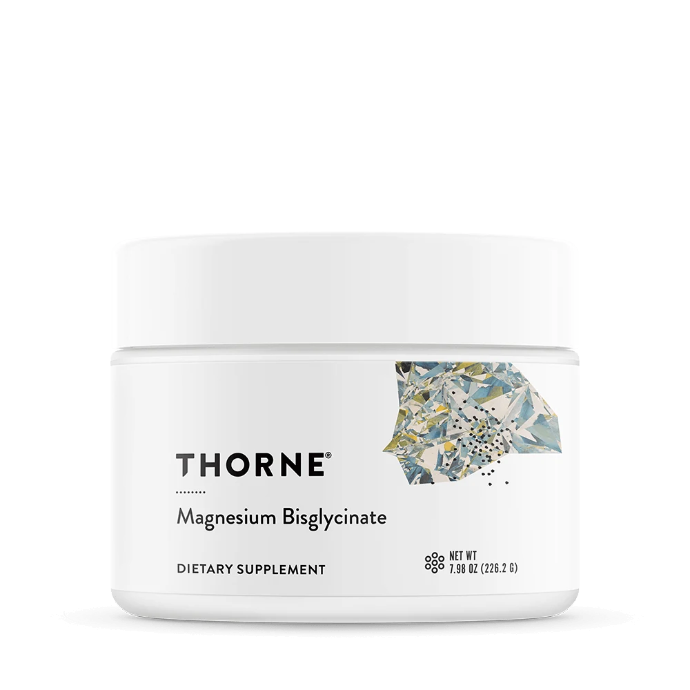 White tub of Thorne Magnesium Bisglycinate powder