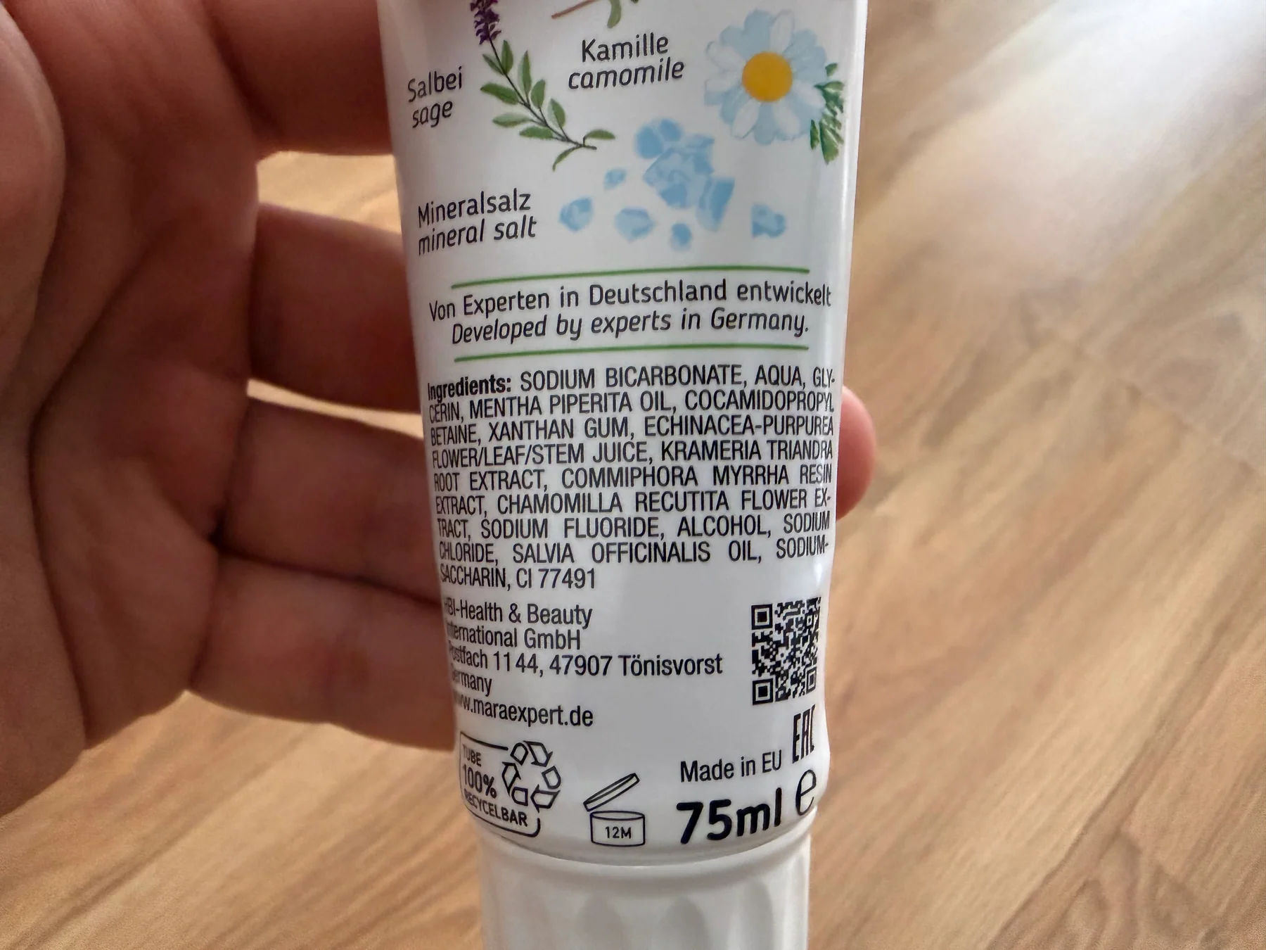 Ingredient panel on a tube of MARA EXPERT Paromed toothpaste