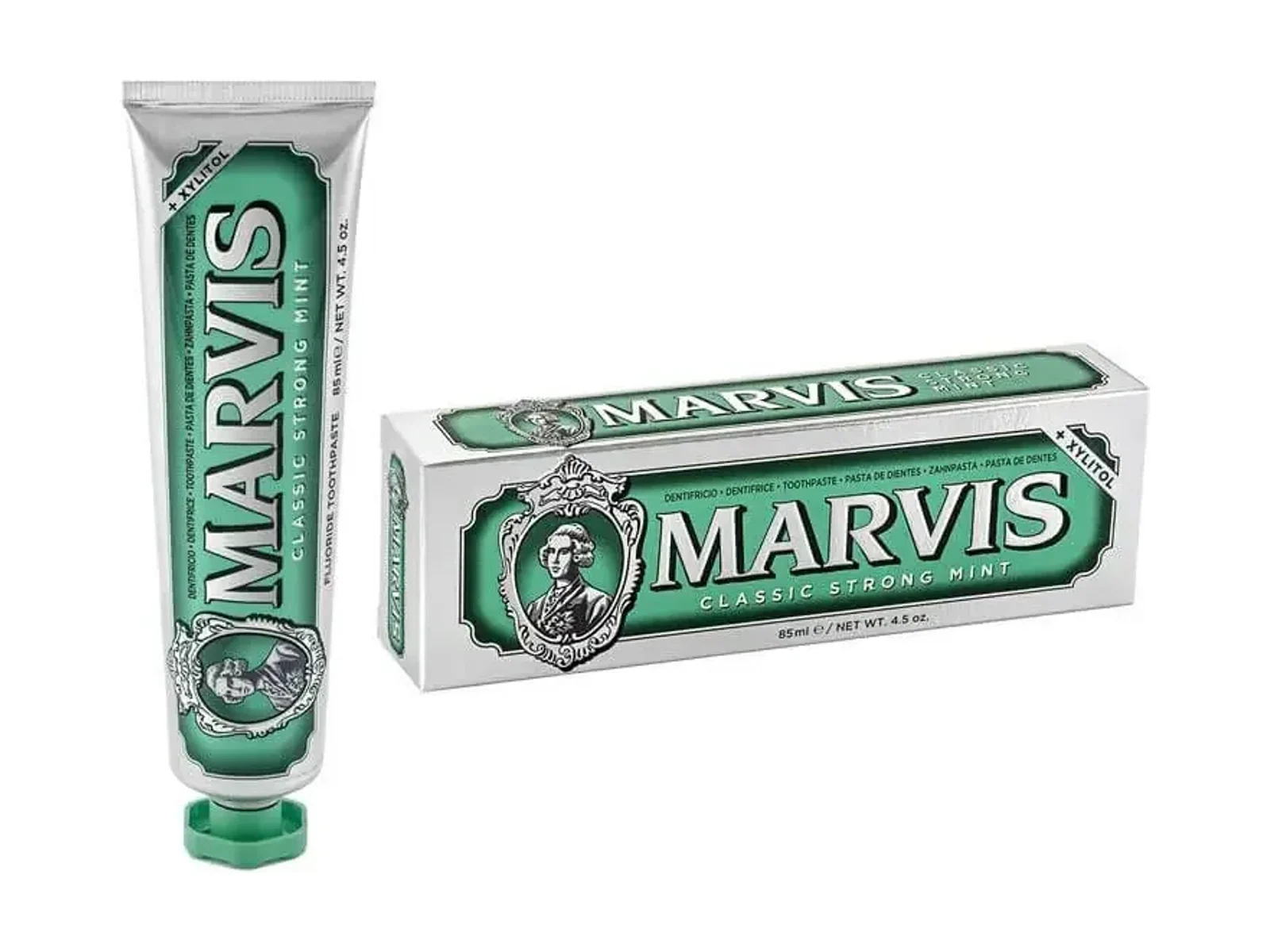 Marvis Classic Strong Mint toothpaste tube and carton