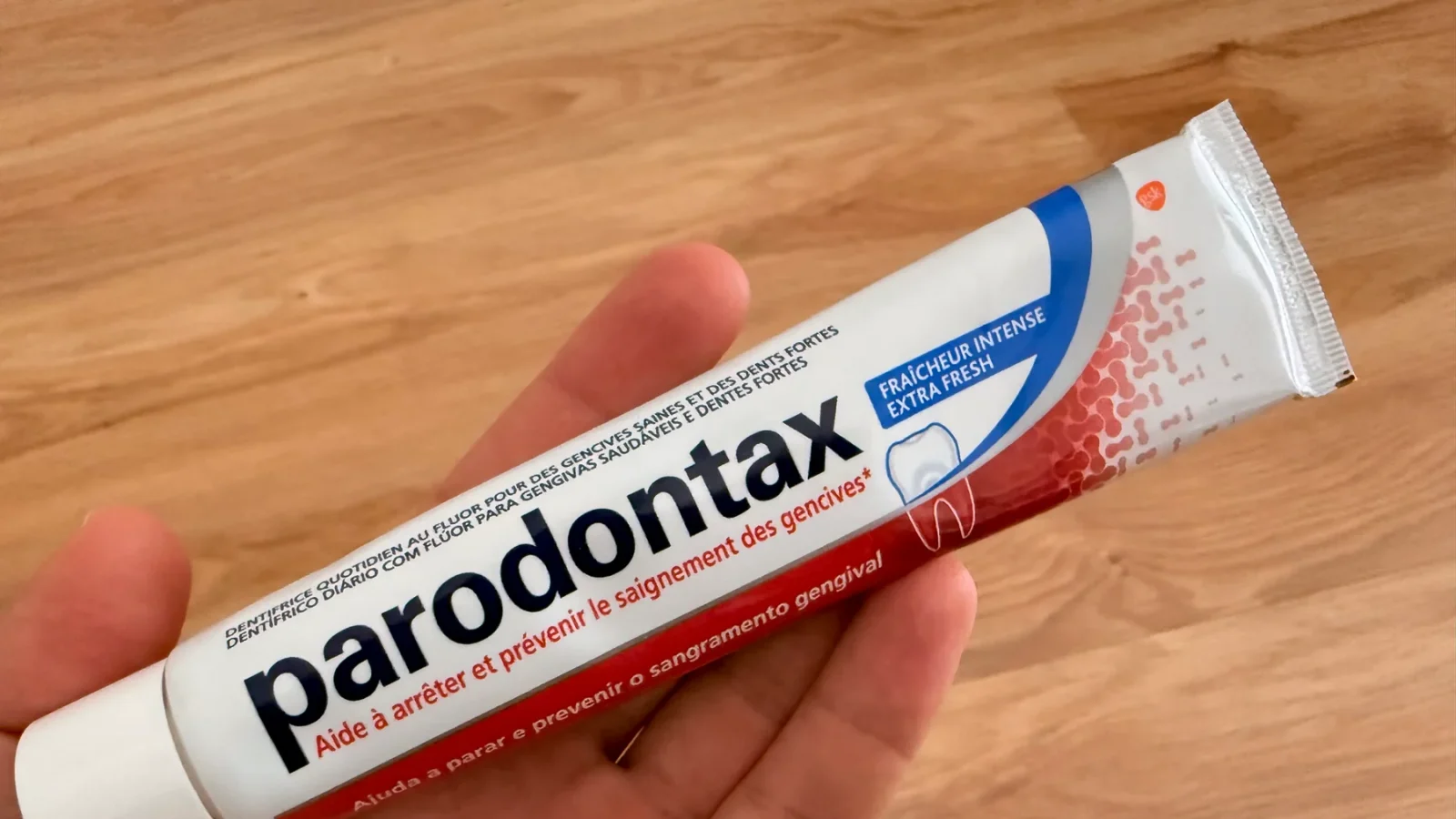 A tube of the discontinued original salty Parodontax Extra Fresh toothpaste