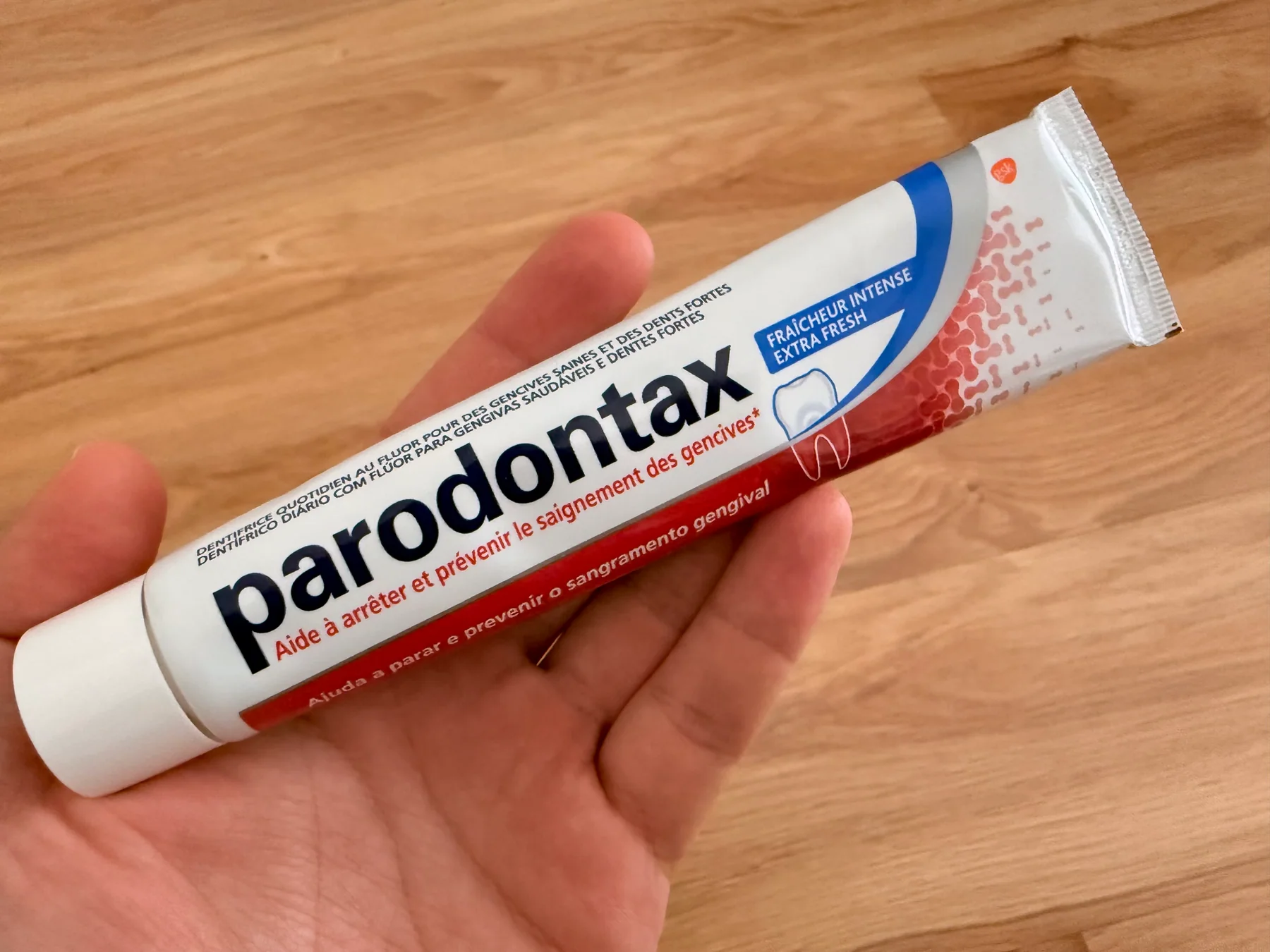 A tube of the discontinued original salty Parodontax Extra Fresh toothpaste
